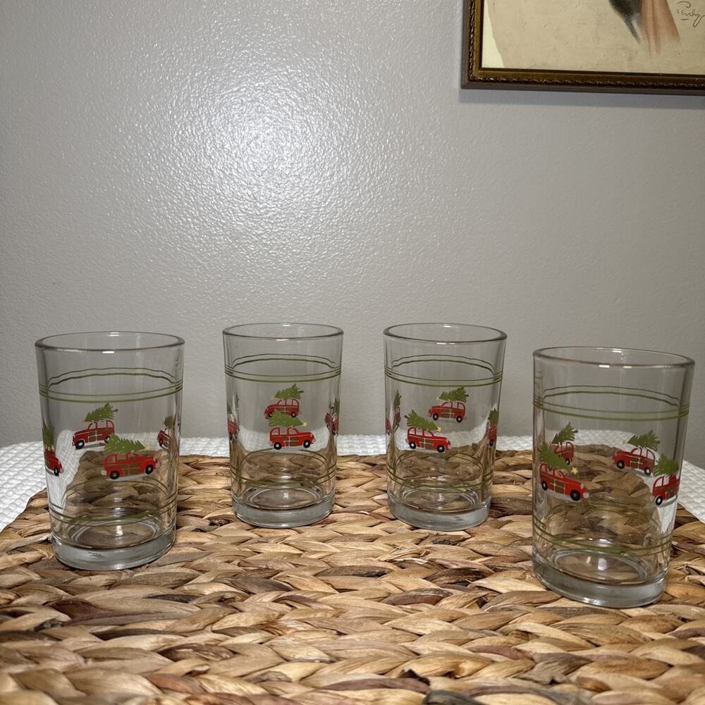 Vintage Crisa Mexico Christmas Glasses Set of 4 Red Station Wagon Tree Tumblers